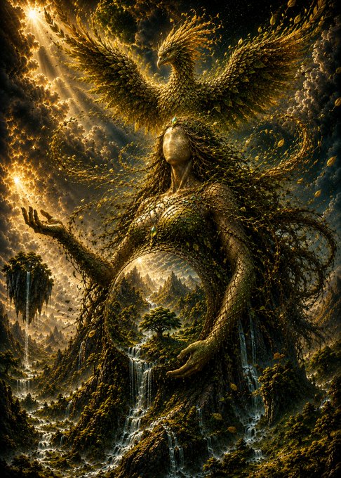 A fantasy-style digital illustration shows a faceless female figure formed from nature, with a phoenix rising behind her head and waterfalls flowing from her hands in a lush, golden-lit forest.