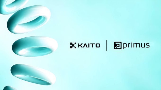 A promotional graphic featuring floating teal and white rings alongside the logos for 'KAITO' and 'primus' on a light blue gradient background.