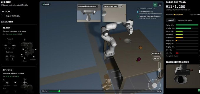 A screenshot of a robot control simulation interface in Vietnamese, displaying a 3D robotic arm on a table with control panels for "MỤC TIÊU" (Target), "CÁC BƯỚC" (Steps), "ĐIỀU KHIỂN" (Controls) with Move and Rotate sections, and a score counter on the right.