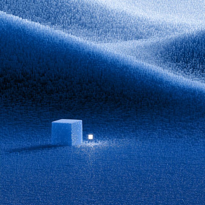 A small, glowing cube stands alone in a vast blue, pixelated landscape, evoking the idea of a single block within a larger blockchain network—quietly embedded in everyday infrastructure. The image visually reinforces the post's message about blockchain fading into the background as it becomes more useful and integrated into payments, supply chains, and cybersecurity.