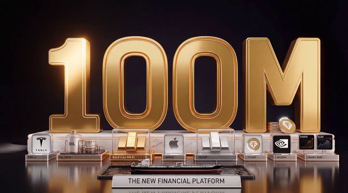 The image features a large gold number "100m" written in white letters, surrounded by various objects such as a laptop, an apple, and a keyboard. The objects are arranged in front of the number, creating a visually appealing display that highlights the significance of the number.