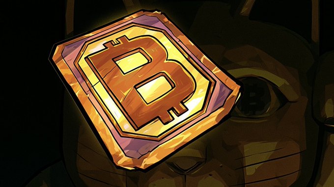 A stylized digital illustration of a glowing golden Bitcoin (₿) coin or token hovering over a dark, cartoonish cat-like character.