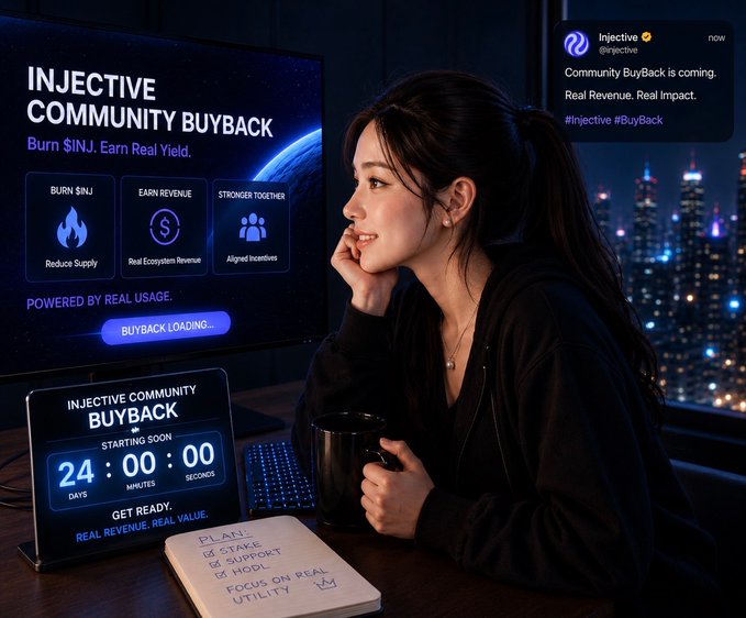 A woman with a ponytail sits at a desk with a notebook labeled 'PLAN: STAKE, SUPPORT, HODL, FOCUS ON REAL UTILITY,' looking at a screen displaying 'INJECTIVE COMMUNITY BUYBACK - Burn $INJ. Earn Real Yield' and a 24-day countdown timer, with a social media post from @injective reading 'Community Buyback is coming. Real Revenue. Real Impact.'