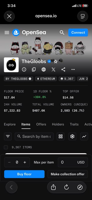 A mobile screenshot of opensea.io showing an NFT collection called 'TheGloobs' by TheGloobs on Ethereum with 9,367 items, featuring a floor price of $17.04, 1D floor % of +304.8%, top offer of $14.56, 24H volume of $7,222.83, and total volume of $407.6K.
