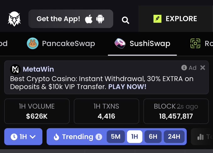 The image shows a cryptocurrency analytics dashboard displaying SushiSwap trending with $626K in 1-hour volume, 4,416 transactions, and block 18,457,817 from 2 seconds ago, alongside a MetaWin ad. This supports the post's claim that SushiSwap is experiencing strong activity and trending toward an all-time high 1-hour volume, contradicting narratives about its decline.