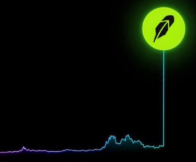 A digital art illustration on a black background showing a flat multicolored line chart that sharply spikes upward into a green circle displaying the Robinhood logo at the top.