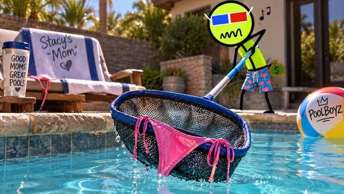 A humorous graphic showing a cartoon character with a red/blue 3D glasses face cleaning a pool with a net and a pink bikini, with 'Stacy's Mom' on a towel and a 'POOLBOYZ' beach ball nearby.