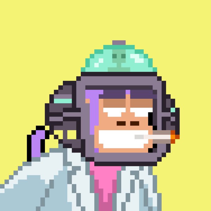 A pixel art illustration shows a character with a purple helmet, cyan hair/top, smoking a cigarette, against a yellow background.