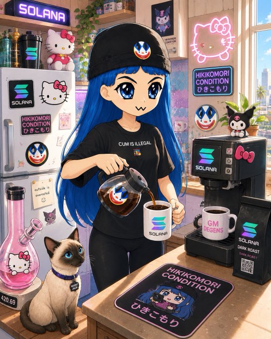 An anime-style illustration of a blue-haired girl pouring coffee in a kitchen decorated with Hello Kitty items, Solana branding, and signs reading 'HIKIKOMORI CONDITION' and 'CUM IS ILLEGAL'.