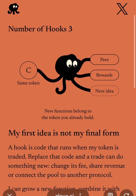 An infographic explaining 'Hooks' for tokens, featuring a cartoon octopus illustration showing how new functions (Fees, Rewards, Next idea) connect to a 'C' (Same token), with the tagline 'My first idea is not my final form.'