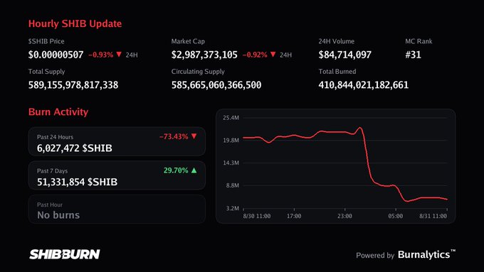 The image displays a "Hourly SHIB Update" dashboard from SHIBBURN, showing SHIB at $0.00000507 (down 0.93% in 24H) with a market cap of $2,987,373,105 and noting "No burns" in the past hour. This aligns with the post's claim that nothing arrived at SHIB burn addresses this hour, while the burn activity chart shows a sharp decline in daily burn rate from approximately 20M to under 5M SHIB.