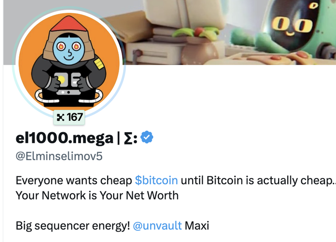 A Twitter profile for @Elminselimov5 (e1000.mega) featuring a cartoon avatar of a meditating figure with glowing eyes, displaying the handle "167" and the bio "Everyone wants cheap $bitcoin until Bitcoin is actually cheap. Your Network is Your Net Worth," along with a tweet announcing "Big sequencer energy! @unvault Maxi"—directly tying into the post's celebration of @unvault's beta selection milestone and strong community engagement.