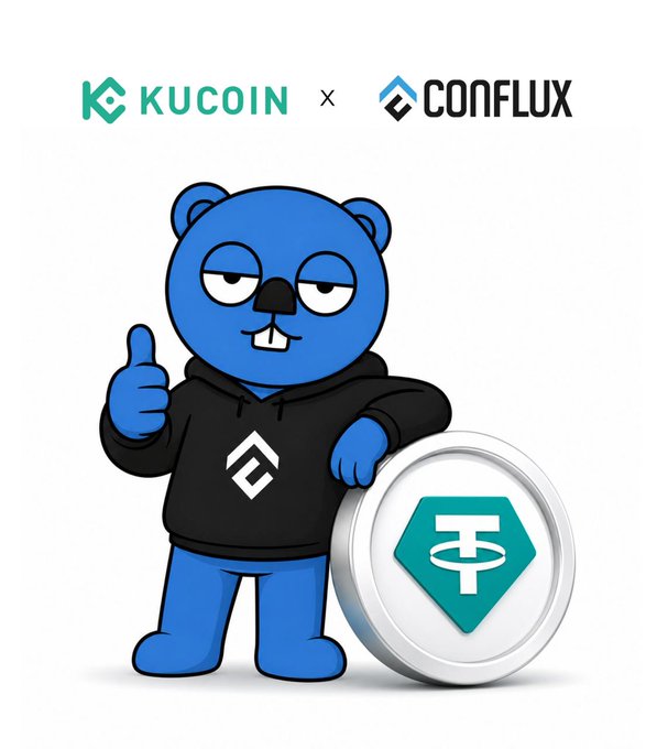 A promotional image featuring the KuCoin and Conflux logos at the top, alongside a blue bear mascot in a black Conflux hoodie giving a thumbs-up next to a large USDT coin. The image visually represents the ongoing KuCoin × Conflux Network campaign mentioned in the post, highlighting the 60,000 USDT prize pool and encouraging users to join the event.