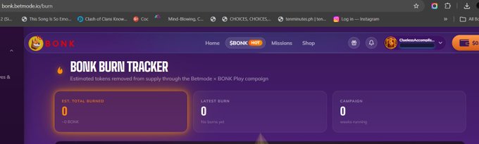 A screenshot of the 'BONK BURN TRACKER' website showing estimated tokens removed from supply through the Betmode x BONK Play campaign, with all metrics (Est. Total Burned, Latest Burn, Campaign) currently at 0.