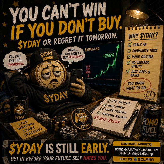 A cluttered, meme-style crypto advertisement features a clock-faced character in a '$YDAY' hoodie lamenting not buying earlier, with charts showing '+256%' gains, a 'FOMO FUEL' can, and a Solana contract address, urging viewers to 'BUY $YDAY'.