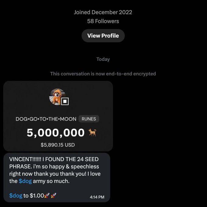 A social media post showing a DOG•GO•TO•THE•MOON meme token card with 5,000,000 tokens valued at $5,890.15 USD, accompanied by a message thanking 'Vincent' for finding the 24 seed phrase.