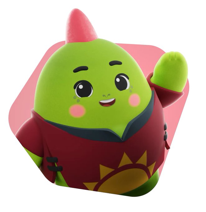 A cute 3D-rendered green character with a pink horn-like protrusion, wearing a red outfit with a sun emblem, waving cheerfully.