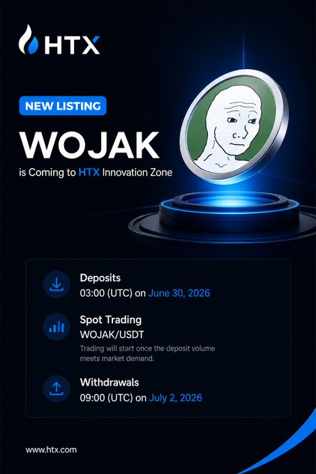 An HTX exchange promotional graphic announces 'NEW LISTING WOJAK is Coming to HTX Innovation Zone', showing dates for deposits (June 30, 2026), spot trading, and withdrawals (July 2, 2026).