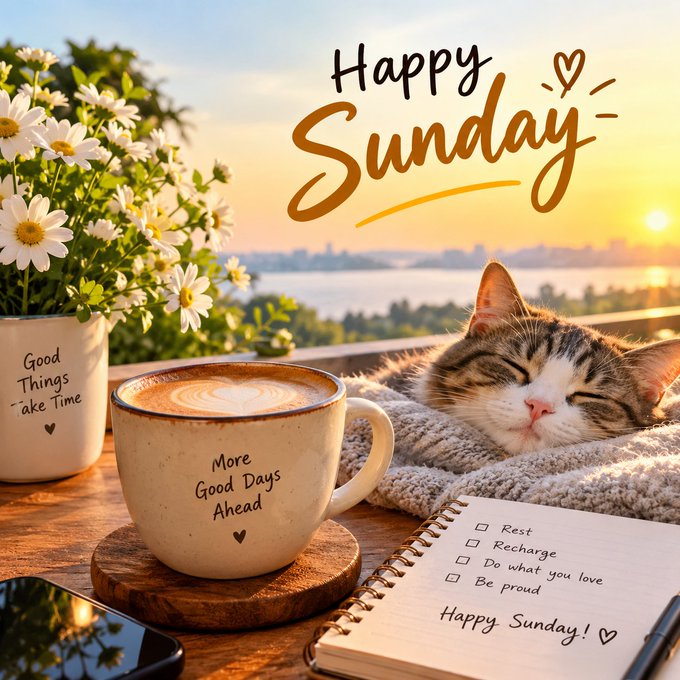 A cozy "Happy Sunday" greeting image features a sleeping cat nestled in a blanket beside a cappuccino mug labeled "More Good Days Ahead," with daisies in a "Good Things Take Time" planter and a checklist notebook.