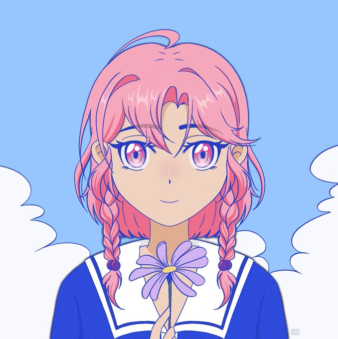An anime-style digital illustration of a girl with pink hair in twin braids, pink eyes, and a blue sailor-style uniform, holding a purple flower against a sky-blue background with clouds.