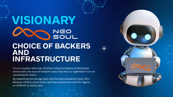 The image features a robot with a laptop computer, suggesting that they are working together or collaborating on a project. The text above the robot reads "Visionary NeoSoul" and "Choice of Backers and Infrastructure", indicating that this could be an advertisement for a company related to blockchain technology or cryptocurrency.