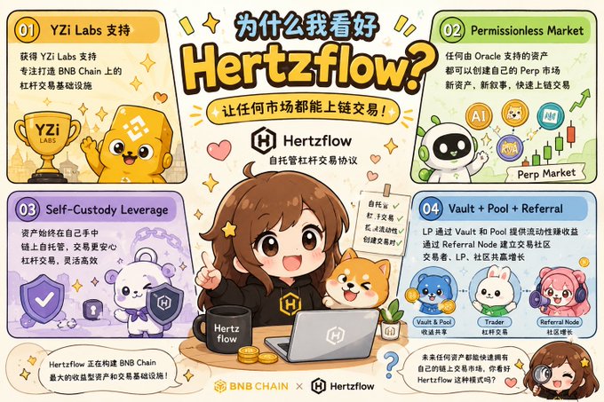 A Chinese infographic titled '为什么我看好 Hertzflow?' highlighting four points: YZi Labs support, Permissionless Market, Self-Custody Leverage, and Vault + Pool + Referral, with BNB Chain and Hertzflow logos.