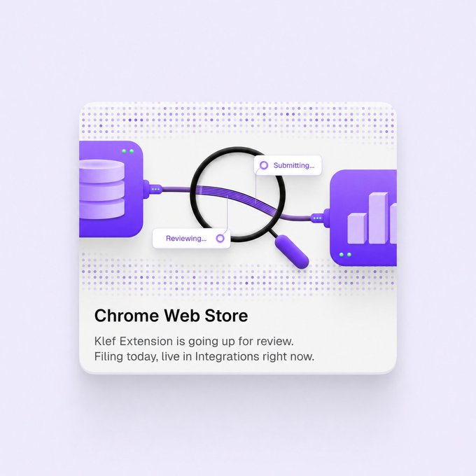 A promotional graphic for the Chrome Web Store announcing that the 'Klef Extension' is 'Submitting' and 'Reviewing,' with text stating it is going up for review and filing today.