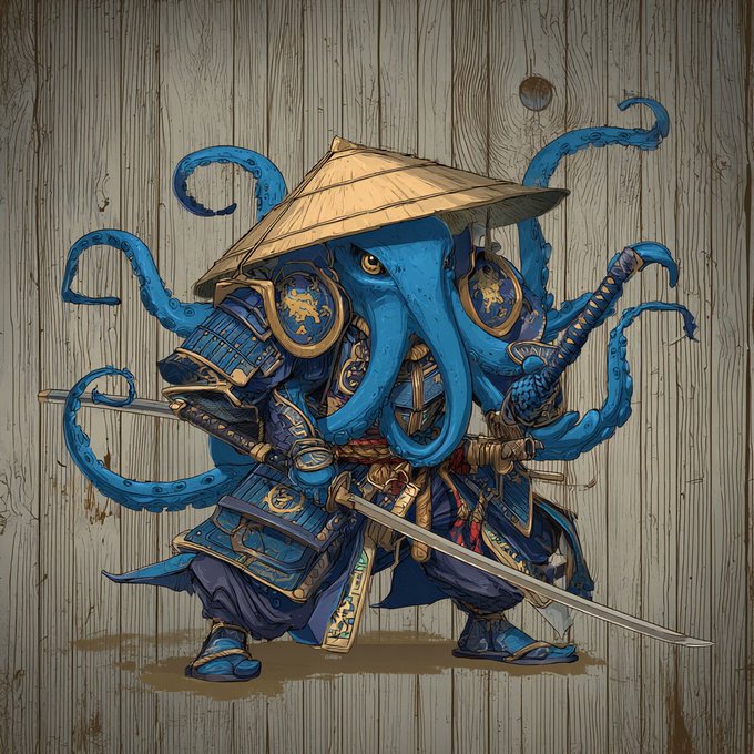 An illustration of a multi-tentacled blue creature resembling an octopus, dressed in ornate blue and gold samurai armor and a wide conical straw hat, wielding a katana against a wooden background.