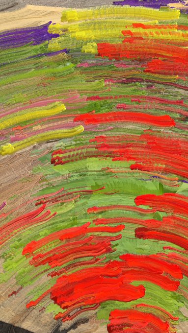 A close-up view of an abstract painting featuring thick, textured brushstrokes in vivid red, green, yellow, and purple hues, evoking a vibrant, gestural landscape. The artwork, titled "2026-08-22" by @alexmayarts on @objktcom, is characterized by its dynamic, swirling application of paint.