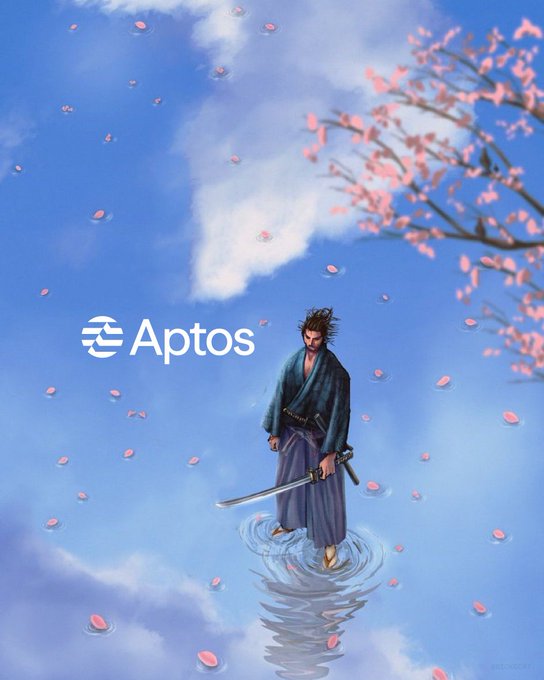 The image features a man dressed as a samurai with a sword, standing in water surrounded by pink flowers. The background of the image shows a blue sky filled with clouds, creating an artistic and surreal atmosphere. The text "Aptos" is written on the image, which suggests that this scene might be related to a post or social media content featuring the character Aptos from the video game series "The Legend of Zelda: Skyward Sword".