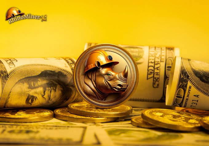 A 'RhinoMiner' advertisement showing a gold commemorative coin with a rhinoceros wearing a hard hat, surrounded by rolled-up US dollar bills.