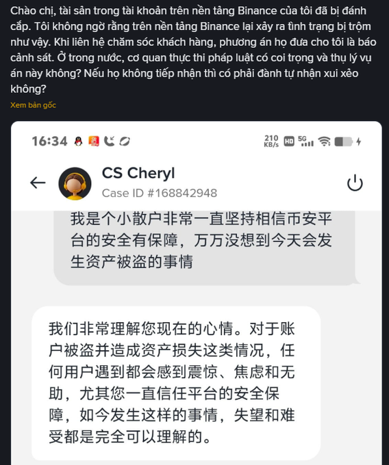 A screenshot with Vietnamese text complaining about stolen Binance assets, alongside a Chinese chat with 'CS Cheryl' (Case ID #168842948) offering customer service responses.