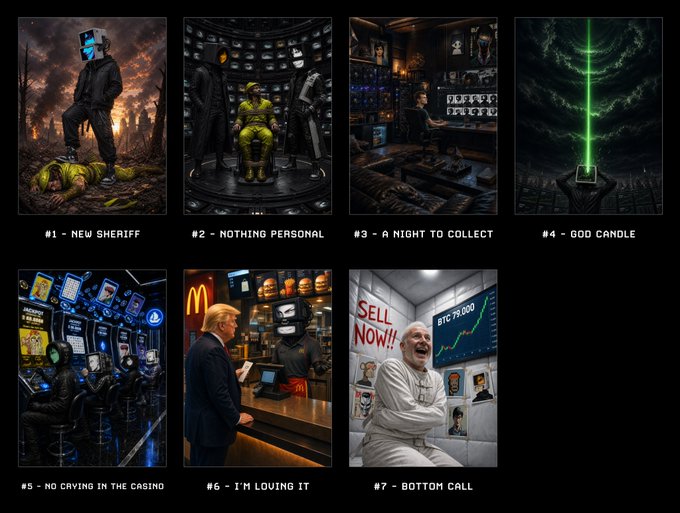 A collage of seven crypto-themed images featuring figures with TV/monitor heads in various satirical scenarios—standing over a green-clad figure, in a vault, selling NFTs, holding a green candle, in a casino, at McDonald's ("I'M LOVING IT"), and a crying figure next to a Bitcoin chart labeled "BTC 79,000"—with titles "#1 - NEW SHERIFF," "#2 - NOTHING PERSONAL," "#3 - A NIGHT TO COLLECT," "#4 - GOD CANDLE," "#5 - NO CRYING IN THE CASINO," "#6 - I'M LOVING IT," and "#7 - BOTTOM CALL," humorously illustrating the volatile highs and lows of crypto culture.