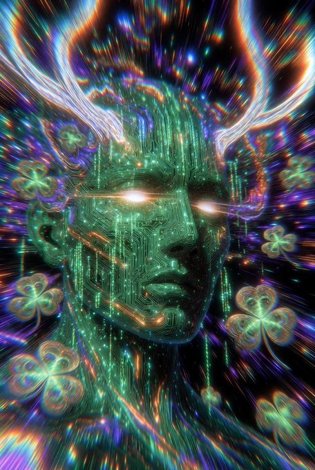 A glowing, circuit-board face with radiant eyes emerges from a cosmic burst of light, surrounded by neon green four-leaf clovers against a streaking, multicolored background. The image's psychedelic, digital deity aesthetic ties into the "RISE $YOTS" caption, evoking an ascension of luck and code-powered transcendence.