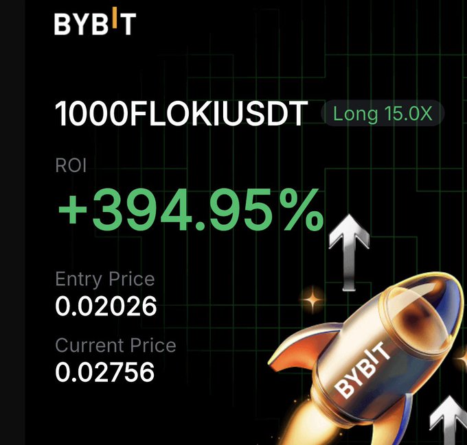 A Bybit trading interface displays a 1000FLOKIUSDT long position with 15.0X leverage showing an ROI of +394.95%, with an entry price of 0.02026 and current price of 0.02756, alongside a branded rocket graphic emphasizing the strong gains on the $FLOKI token.