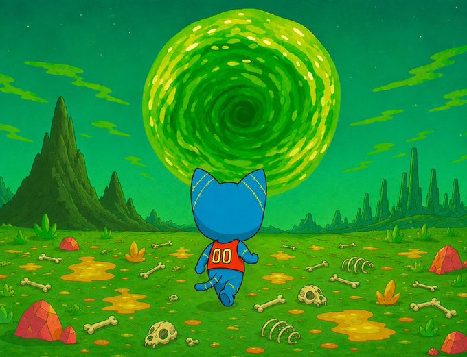 A blue cat character wearing a red jersey labeled "00" stands in a surreal green alien landscape littered with bones and skulls, gazing at a swirling green vortex in the sky. The image visually reinforces the post's "evolve with every challenge" message, depicting the degen mascot facing a stormy, otherworldly environment head-on — embodying the resilience theme of the FELIS WL giveaway on Solana.
