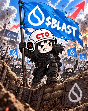 An anime-style illustration features a character wearing a white helmet labeled 'CTO' leading a battle charge while waving a large blue flag that reads '$BLAST' with a water drop logo, set against an upward red arrow.