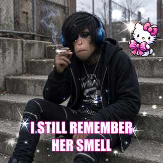 An image of a person with dark hair wearing headphones and sitting on concrete steps, smoking, with pink text reading 'I STILL REMEMBER HER SMELL' and a Hello Kitty graphic overlaid.