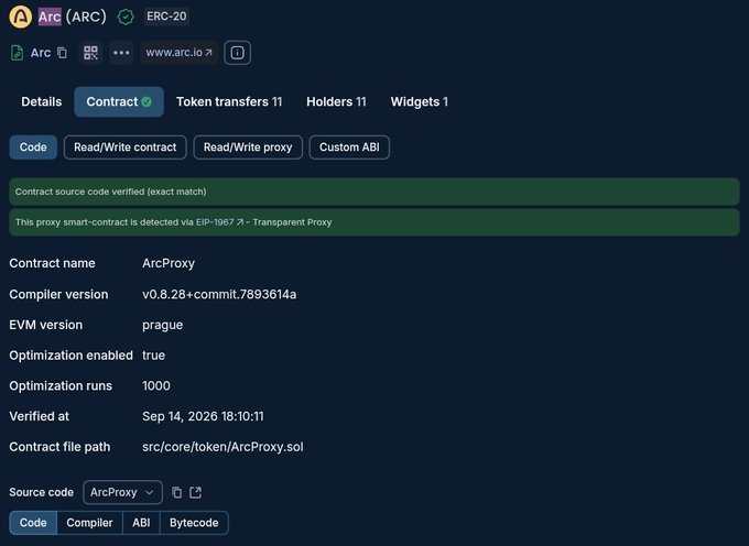 A blockchain explorer page shows details for the Arc (ARC) ERC-20 token contract, including 'ArcProxy', verified source code, and the website www.arc.io.