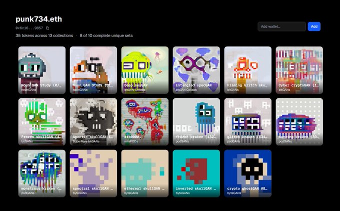 A screenshot of the punk734.eth NFT collection page displays 35 tokens across 13 collections, featuring 8 of 10 complete unique sets, with a gallery of pixelated skull-themed artworks from various bitGAN series such as "Ensemble," "Cyber cryptoGAN," "Appetite," "Ghost," and "Inverted skull1GAN." The "Add wallet" prompt in the top right highlights why this collector was featured as Collector of the Week for completing the full bitFAM set encompassing every bitGAN-adjacent series.