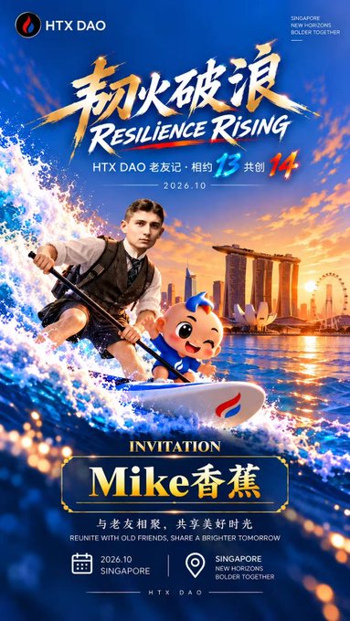 An invitation card for an HTX DAO event titled "Resilience Rising" (韧火破浪) scheduled for October 2026 in Singapore, addressed to "Mike香蕉" and showing a surfer mascot with the Singapore skyline.
