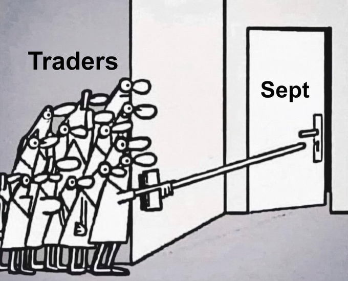 A black-and-white cartoon shows a crowd labeled 'Traders' using a long pole to try and turn the doorknob of a closed door labeled 'Sept'.