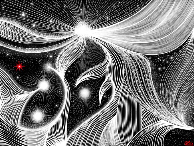 A black and white digital artwork featuring flowing, cosmic lines forming celestial shapes with bright stars and one distinctive red star.