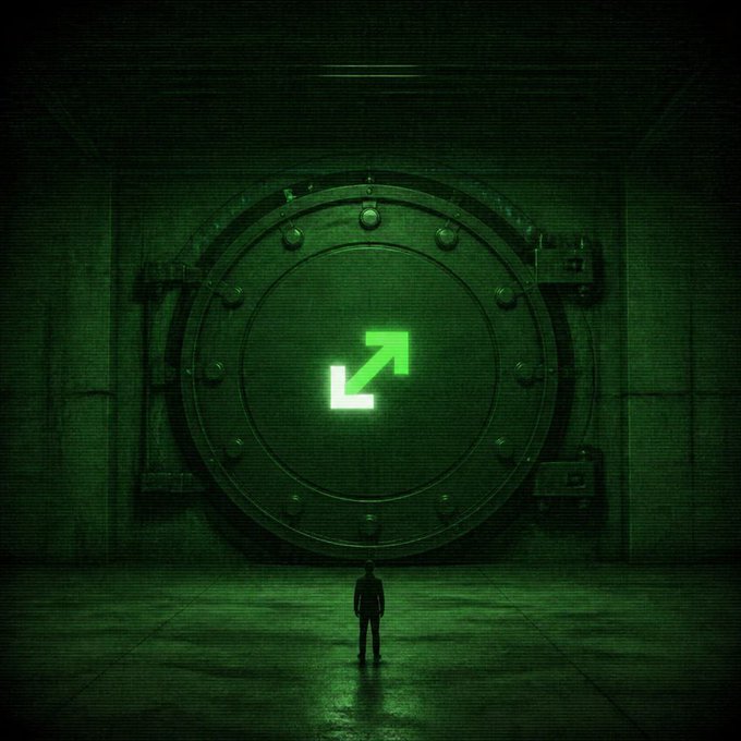 A tiny silhouette stands before a massive green-lit vault door, on which a glowing upward arrow symbolizes growth—visually echoing the post's "6m+ veUP ($1.74m) in up vaults ↑" message of rising yield value.