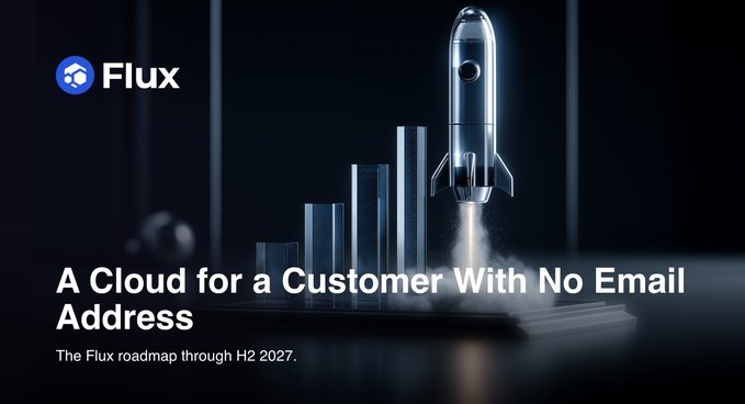 A promotional image for Flux featuring a silver rocket launching from a bar graph, with the headline "A Cloud for a Customer With No Email Address" and subtitle "The Flux roadmap through H2 2027." The visual of a rocket ascending from rising bars symbolizes Flux's ambitious growth trajectory toward a decentralized cloud platform that doesn't rely on traditional identifiers like email or corporate accounts.