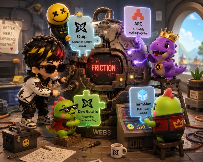 The image features a cartoon scene with five cartoon characters, including a boy wearing sunglasses holding a yellow sign labeled "Quip" and another boy holding a purple dinosaur. The group of cartoon characters are gathered around a machine that has a "Friction" sign on it. They seem to be discussing or working together in front of the machine.