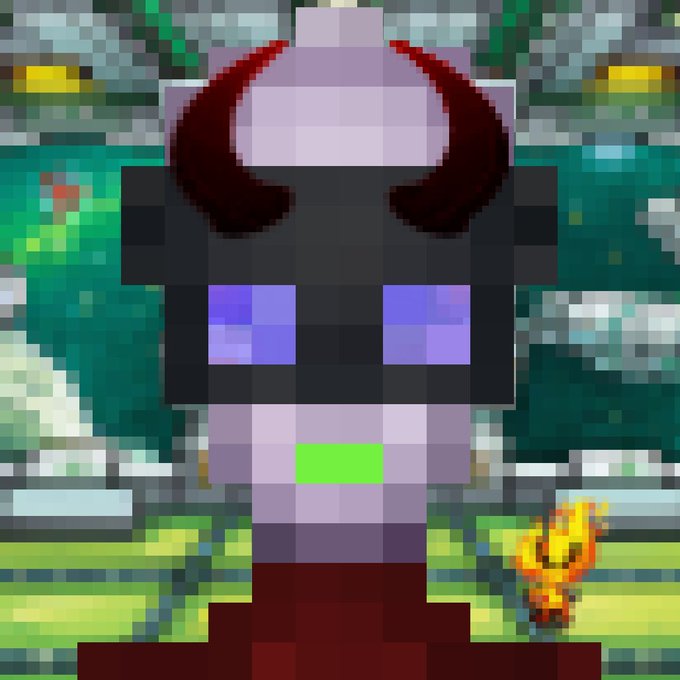 The image features a person wearing a purple mask with horns, standing against a backdrop of a green landscape that includes water and rocks. The person's face is prominently displayed at the center of the image. In the background, there are two other people partially visible on the left side of the frame. The post appears to be about a gaming event or convention, as indicated by the use of the hashtag # PixelJourneyDay in the caption.