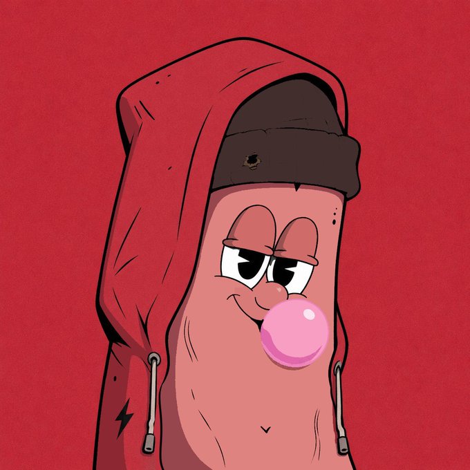 A cartoon illustration of a pink character wearing a red hoodie and black cap, blowing a pink bubblegum bubble against a red background.