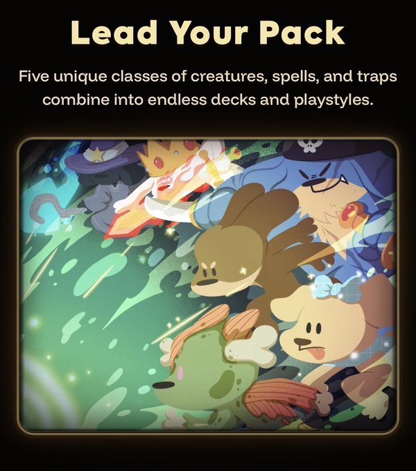 Mobile game promotional graphic titled 'Lead Your Pack' featuring five unique classes of creatures, spells, and traps, showing cartoon characters including a witch and a crocodile.