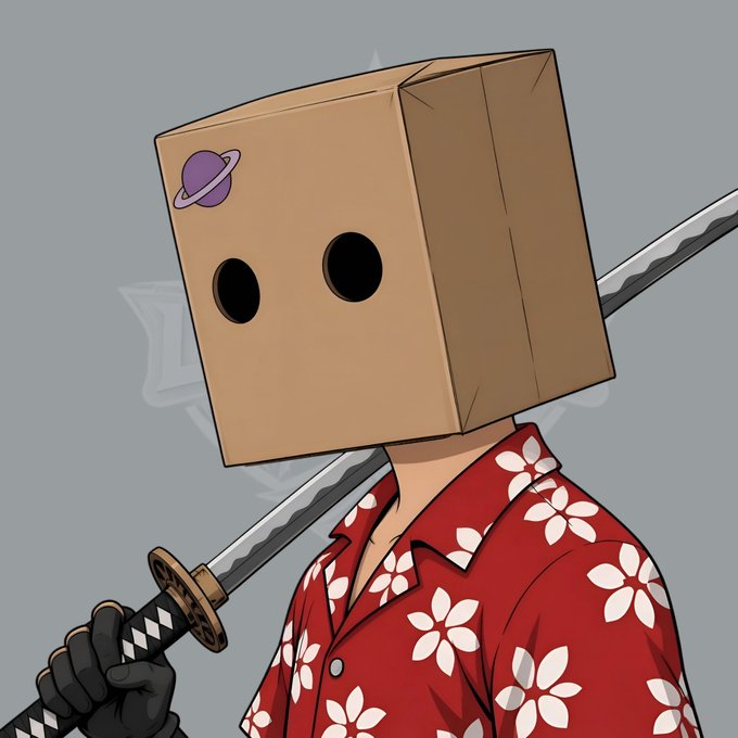 A character with a cardboard box for a head—featuring two black eye holes and a small purple Saturn patch—stands wearing a red Hawaiian floral shirt and black gloves, while holding a katana across their shoulders. The "LEGEND ALERT" post announces a 1/1 NFT drop, and the artwork reflects its legendary, collector-status vibe with a bold, anime-style warrior aesthetic tied to the Loom garage brand.